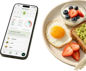 Smartphone displaying nutrition app next to plate with avocado toast, fried egg, and fruit yogurt