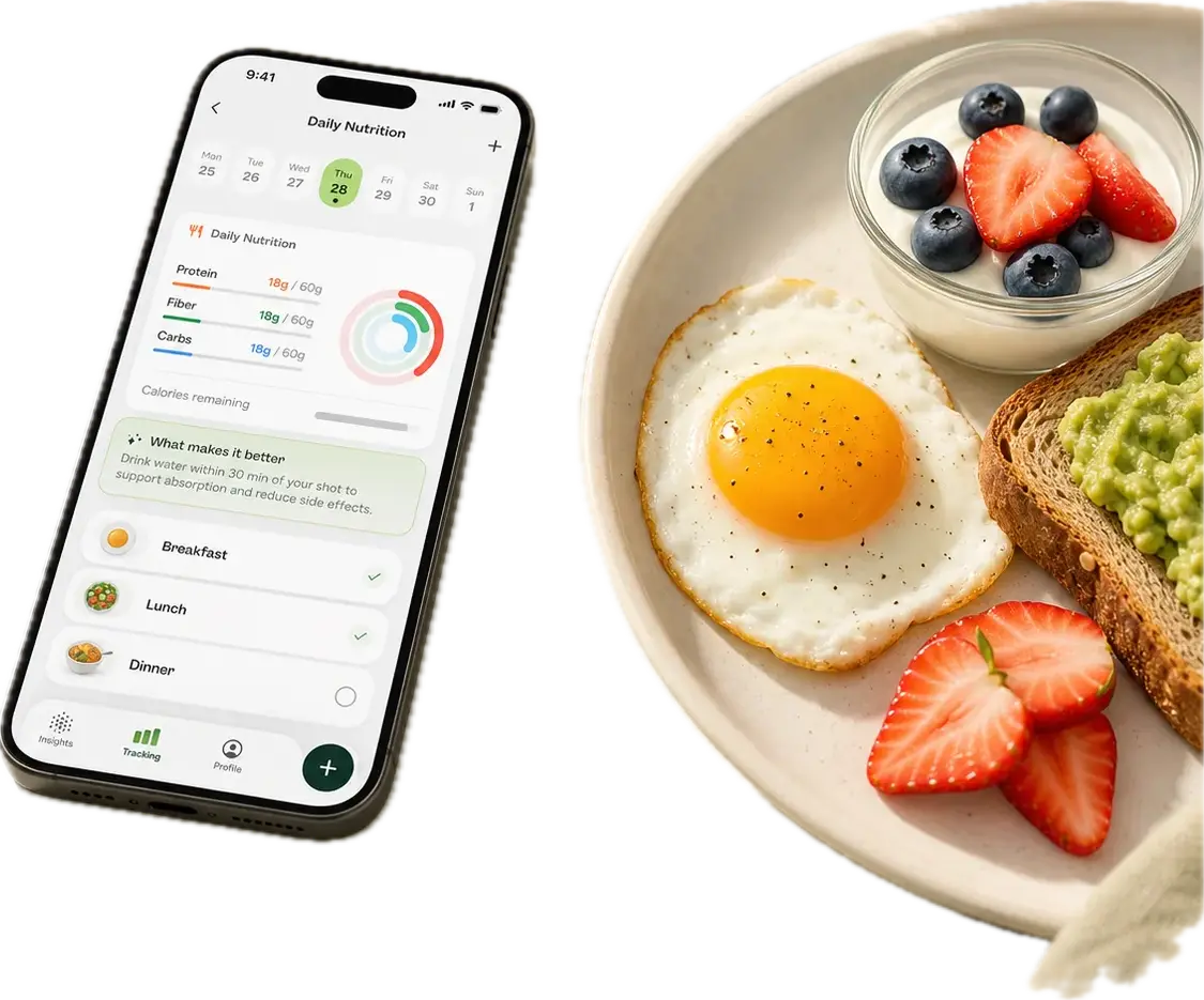 Smartphone displaying nutrition app next to plate with avocado toast, fried egg, and fruit yogurt