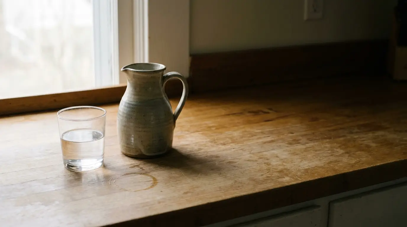 Ceramic pitcher and glass of water on wooden countertop by window in natural light
