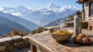 Steaming bowl of curry with snacks and thermos on rustic table overlooking snow-capped mountains