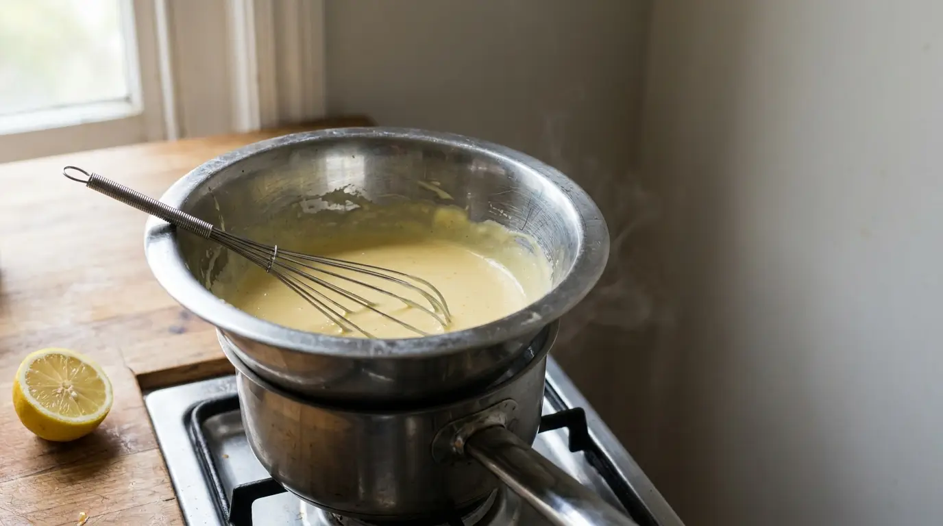 Mixing lemon sauce in stainless steel bowl on stovetop with whisk