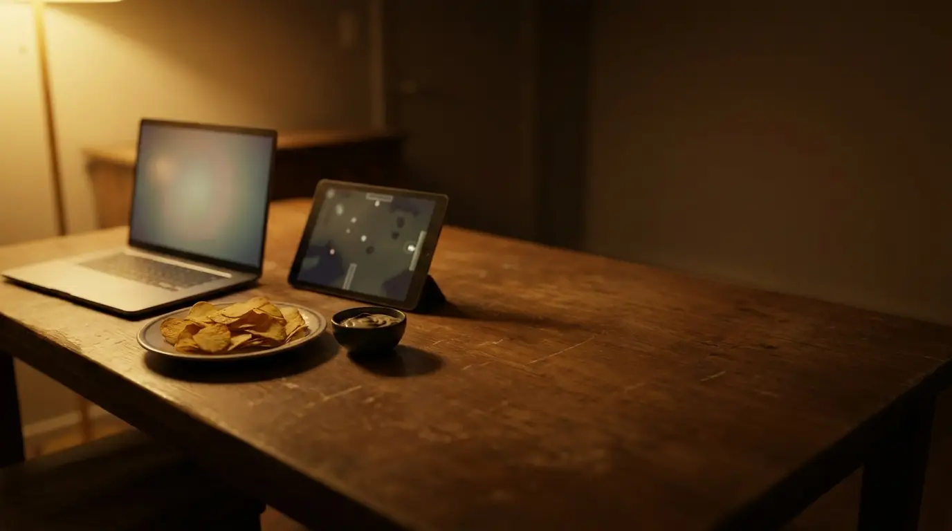 Laptop and tablet on wooden table with chips and dip in dimly lit room
