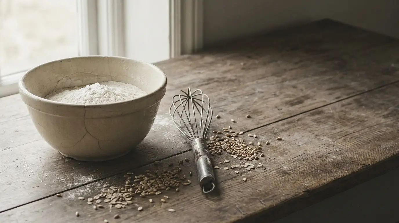 Bowl of flour and metal whisk on rustic wooden table near window