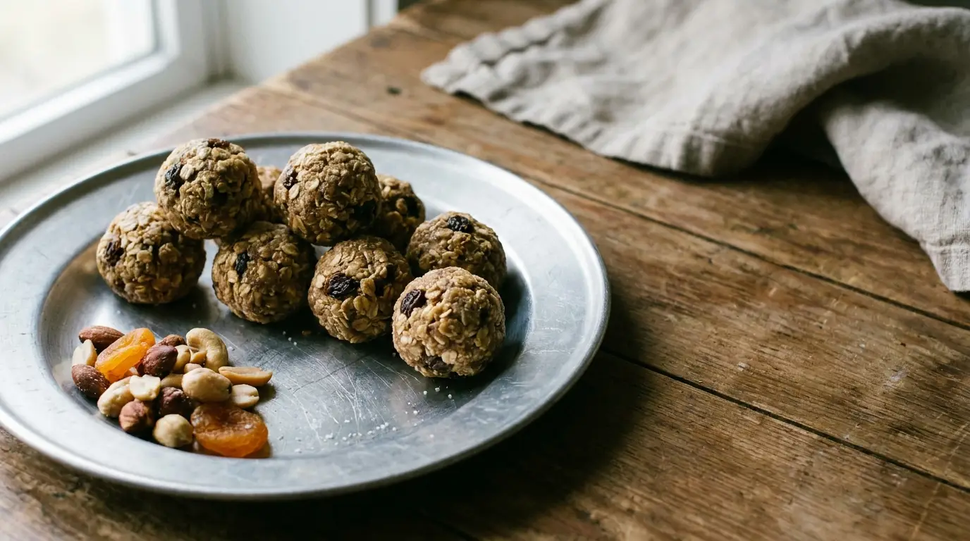 Oatmeal energy balls and mixed nuts on metal plate indoors by window