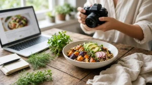 Person photographing quinoa salad with vegetables on rustic wooden table near laptop and herbs