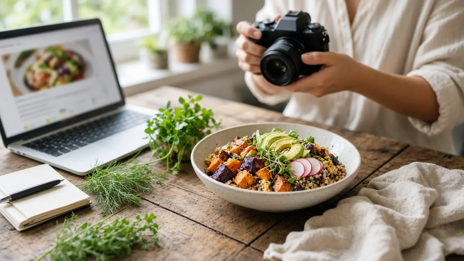 Person photographing quinoa salad with vegetables on rustic wooden table near laptop and herbs