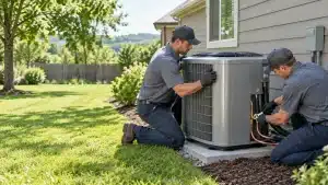 Technicians installing air conditioning unit outside residential home in sunny garden setting