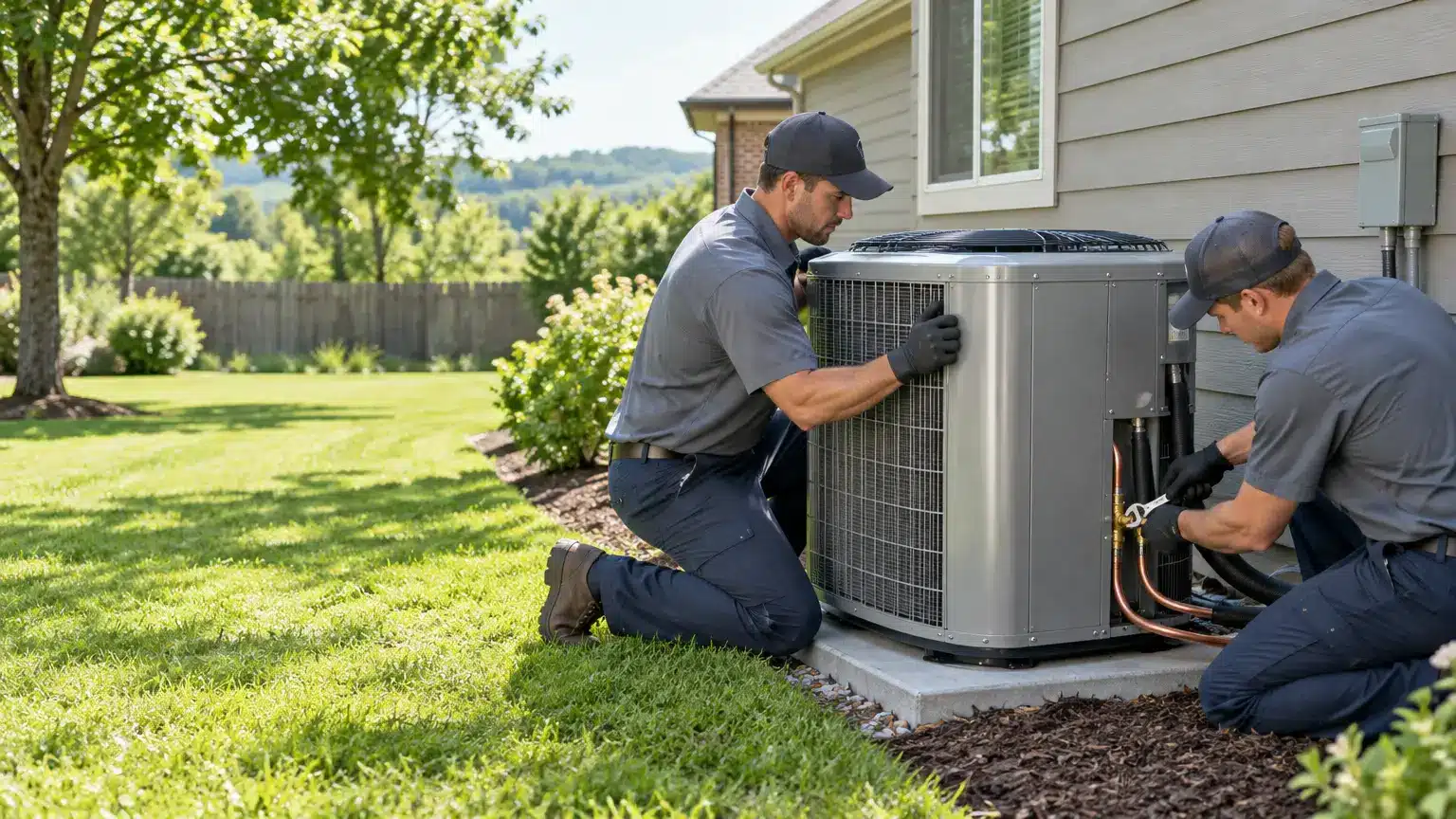 Technicians installing air conditioning unit outside residential home in sunny garden setting
