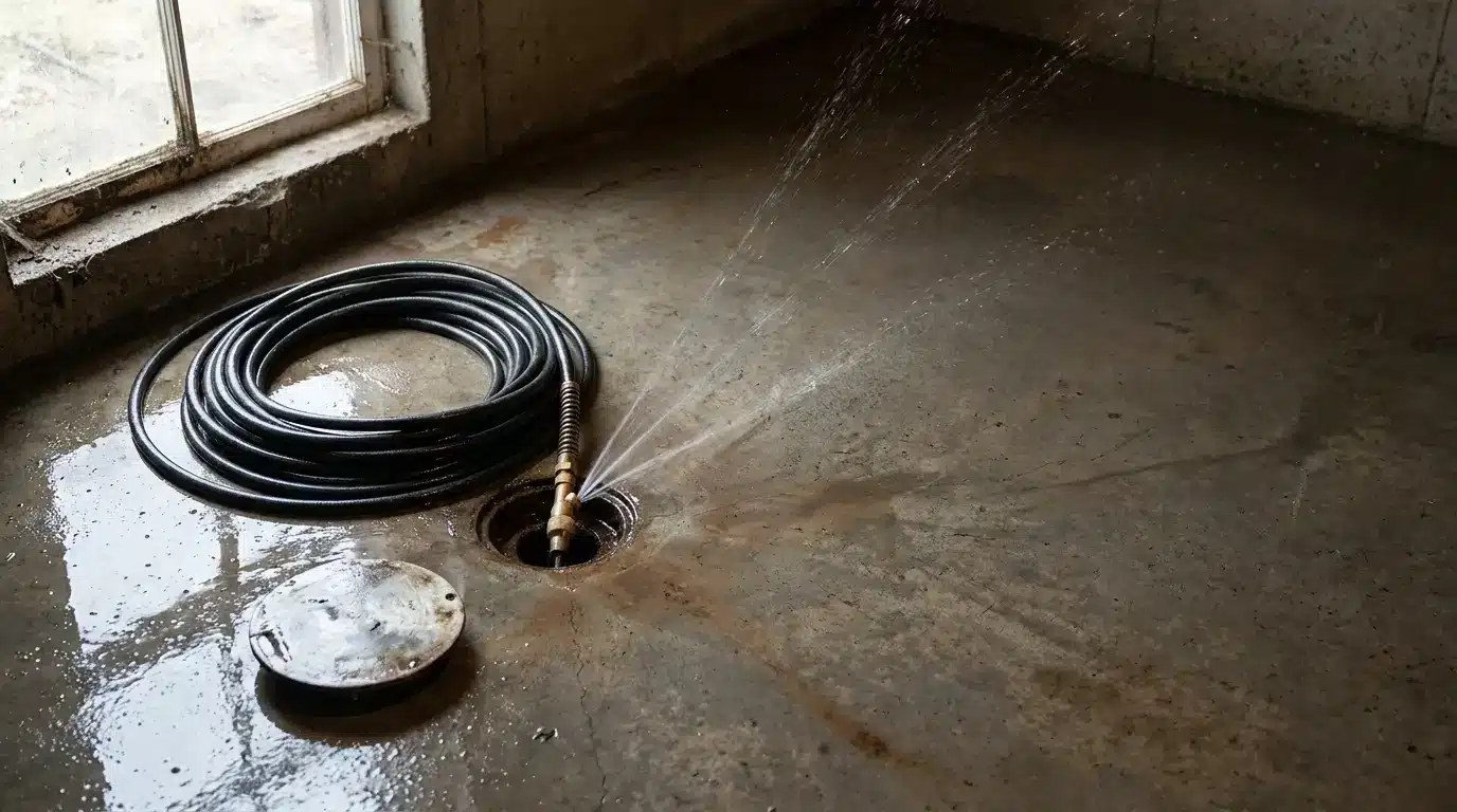 Coiled black hose spraying water into partially open floor drain indoors