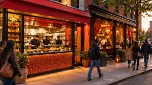 Street view of a bustling restaurant with chefs preparing food and people dining outside