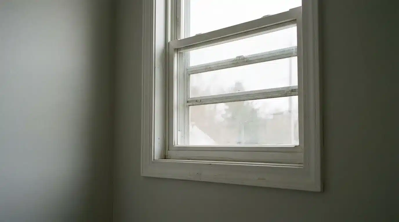 Partially open window in a minimalistic room with soft natural light