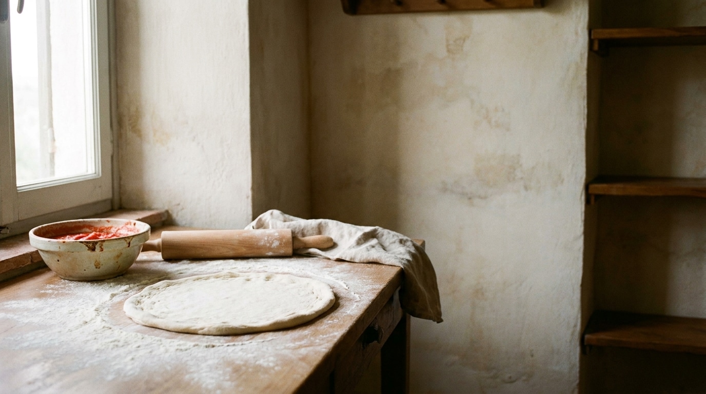 Pizza dough on a floured wooden countertop with rolling pin and tomato sauce bowl nearby