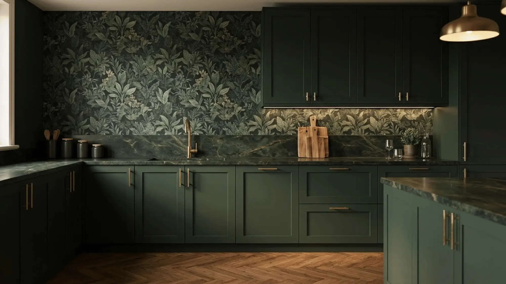Dark green kitchen with leafy patterned wallpaper and brass accents in warm natural light