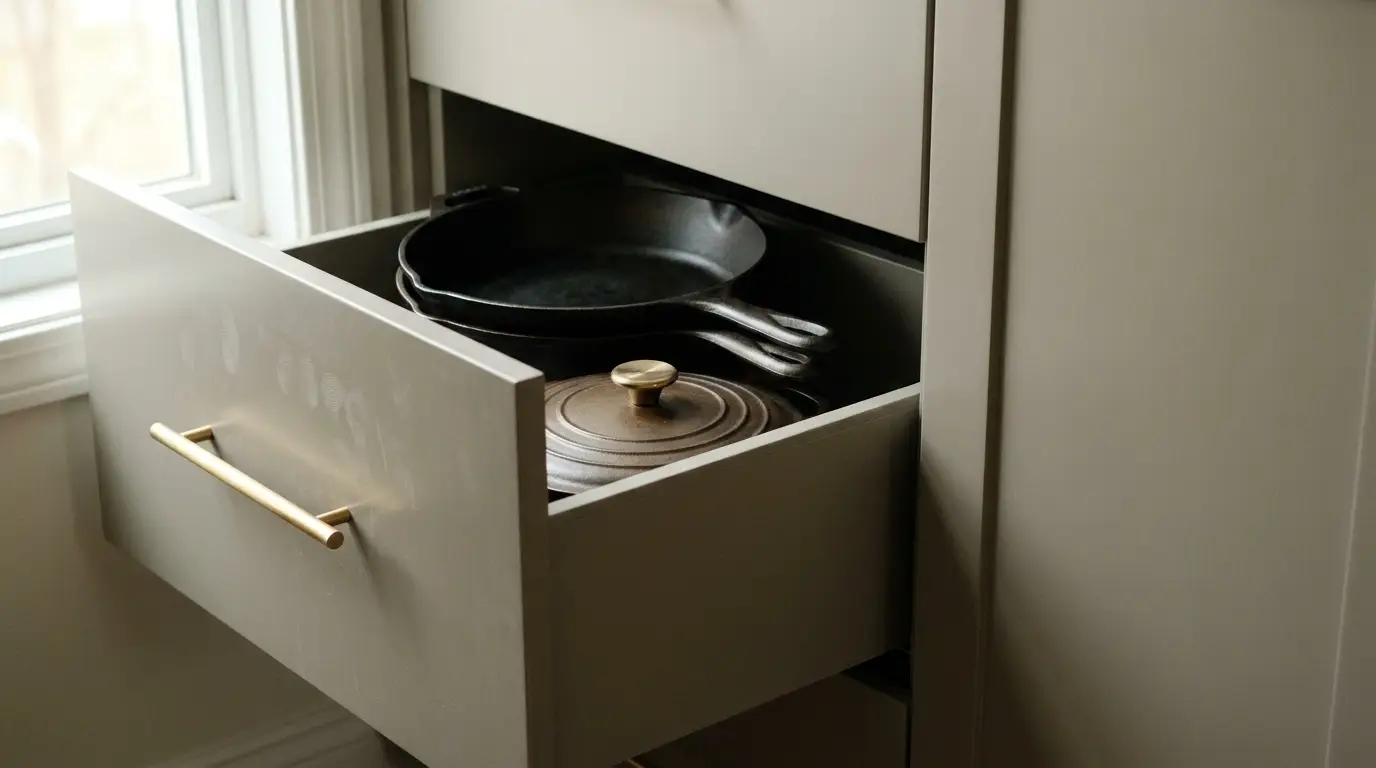 Open kitchen drawer with cast iron skillets and Dutch oven, natural light streaming through window