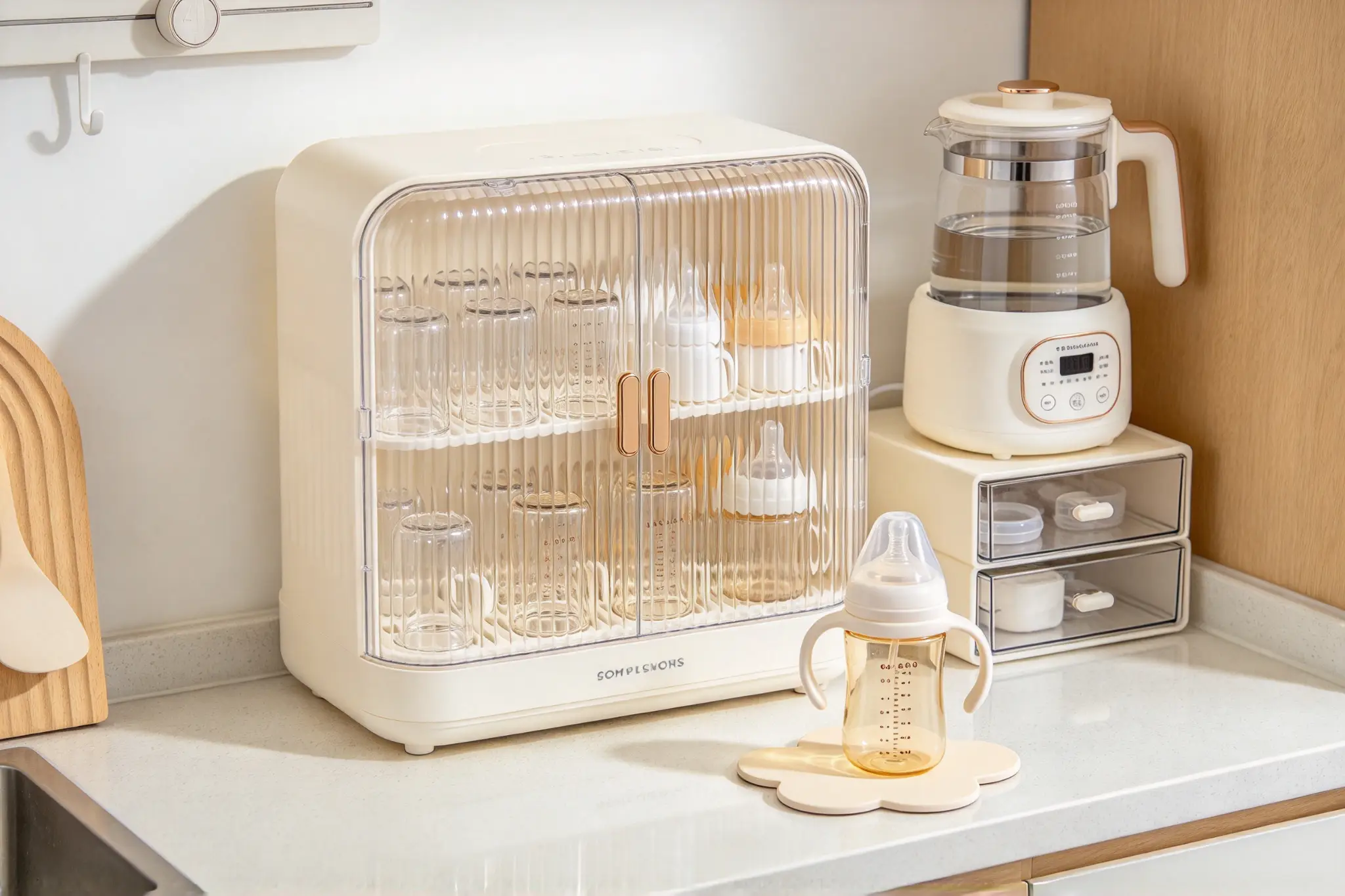 Baby bottle sterilizer and warmer on kitchen counter with glass storage container nearby