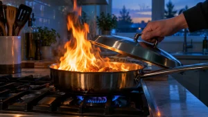 Stainless steel pan with flames on gas stove in modern kitchen at sunset