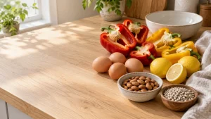 Fresh red and yellow bell peppers, eggs, lemons, and nuts on a sunny wooden kitchen counter