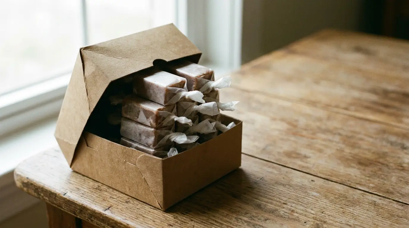 Box of wrapped caramels on rustic wooden table by window
