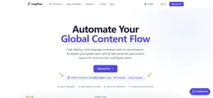 White webpage with text promoting automated global content flow services, blue button for sign-up visible