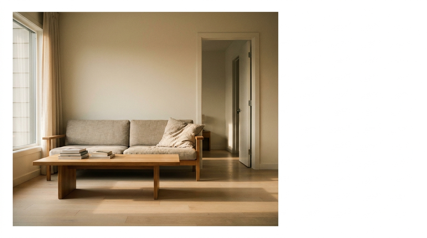 Minimalist living room with light gray sofa, wooden coffee table, and soft natural lighting