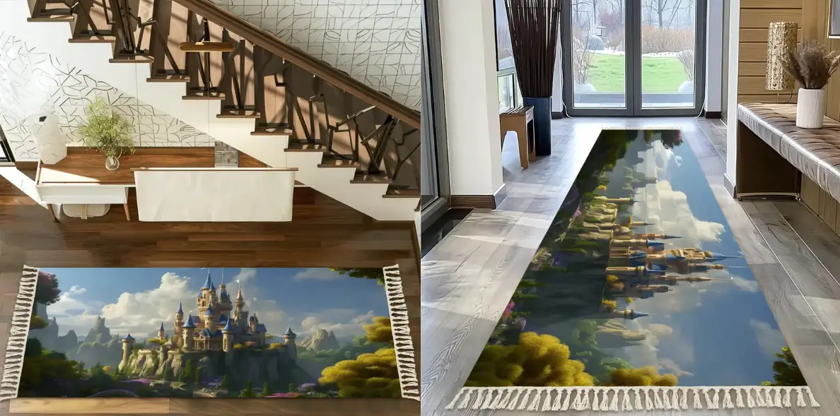Decorative hallway runners featuring castle landscape design on wood and tile floors