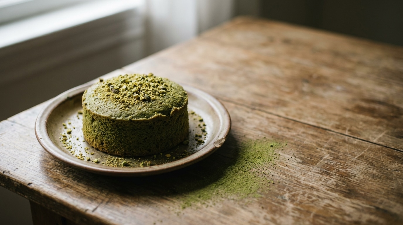 Matcha cake on ceramic plate with green powder on rustic wooden table