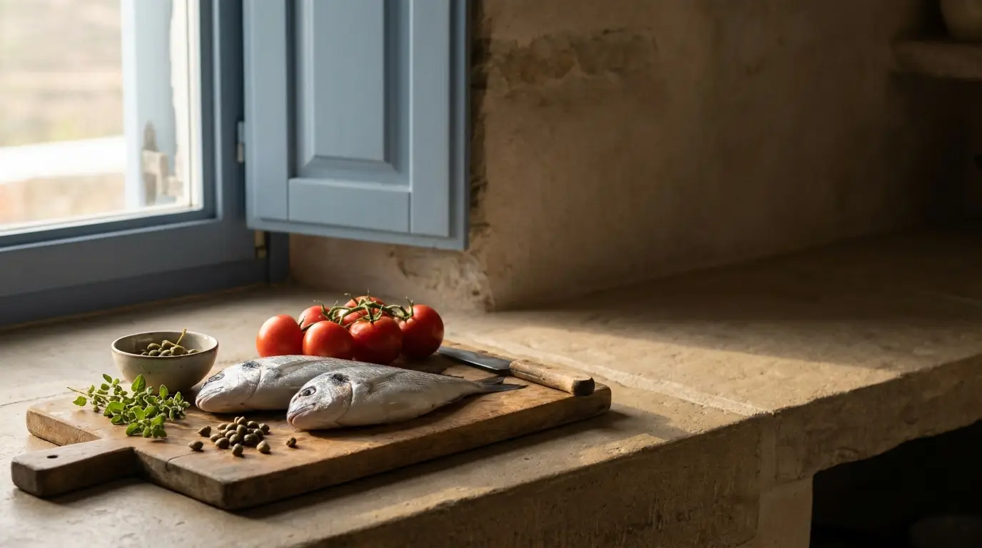 Fresh whole fish, tomatoes, capers and herbs arranged on a wooden board in a stone kitchen