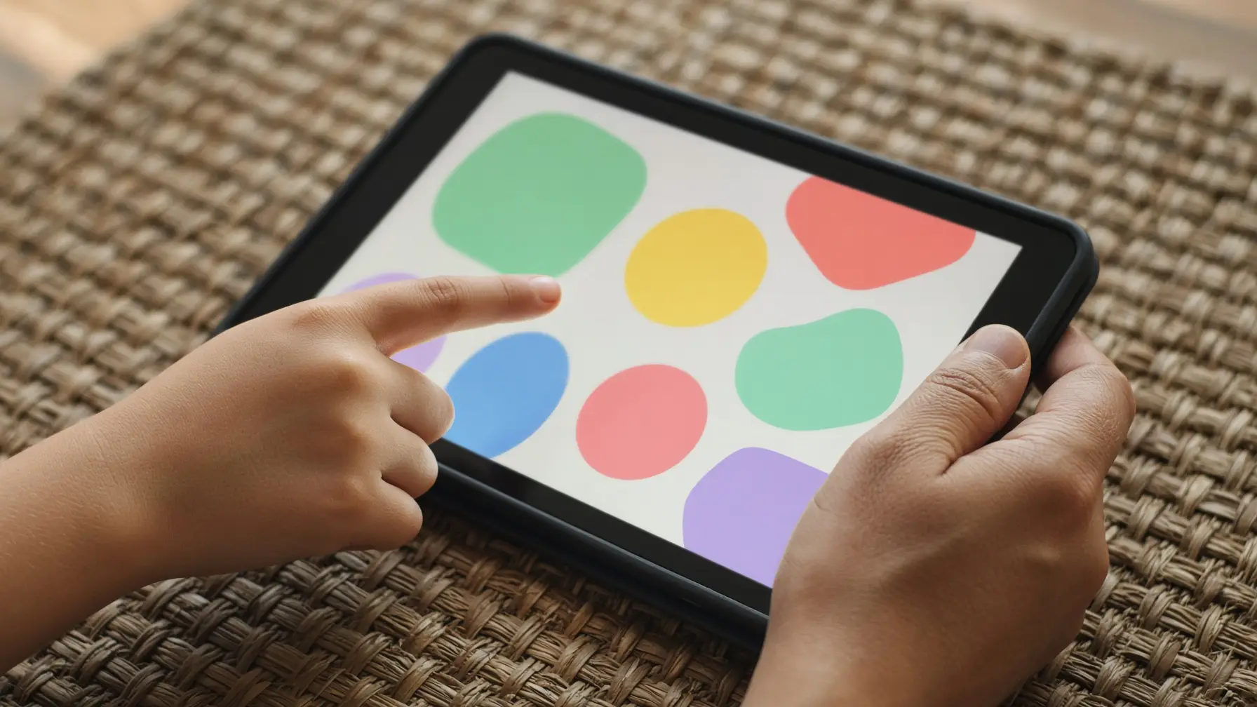 Child interacting with colorful shapes on a tablet screen, hands on woven surface