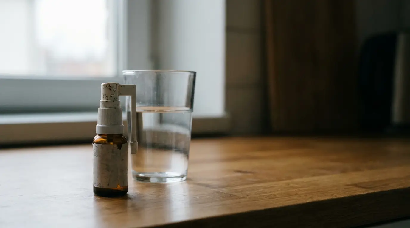 Brown glass spray bottle and drinking glass on wooden countertop near window