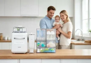 Baby bottle sterilizer and storage containers on wooden kitchen counter with parents and infant in background