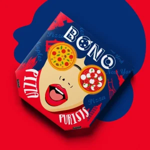 Colorful pizza box with artistic design and bold lettering on bright red background