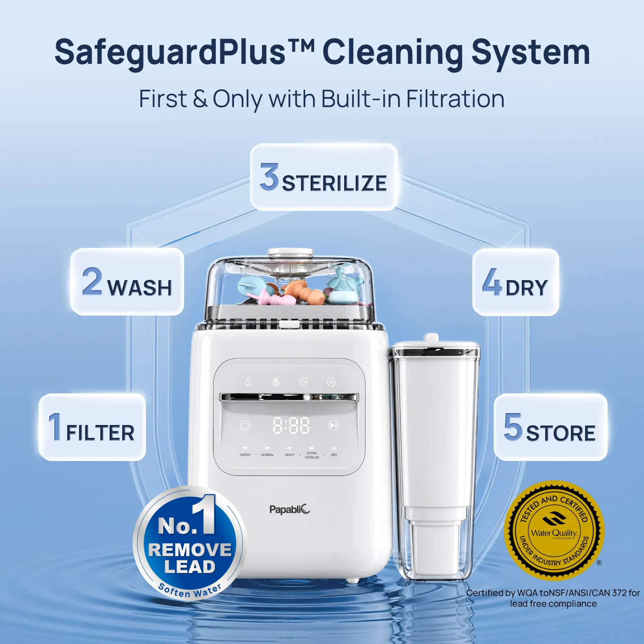 White cleaning appliance with transparent lid and filtration system on blue background
