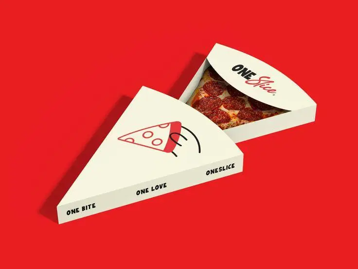 Pizza slice in triangular box with red and white design on vibrant red background