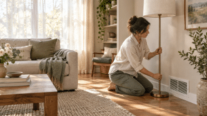 Woman adjusting brass floor lamp in cozy living room with natural light and green accents