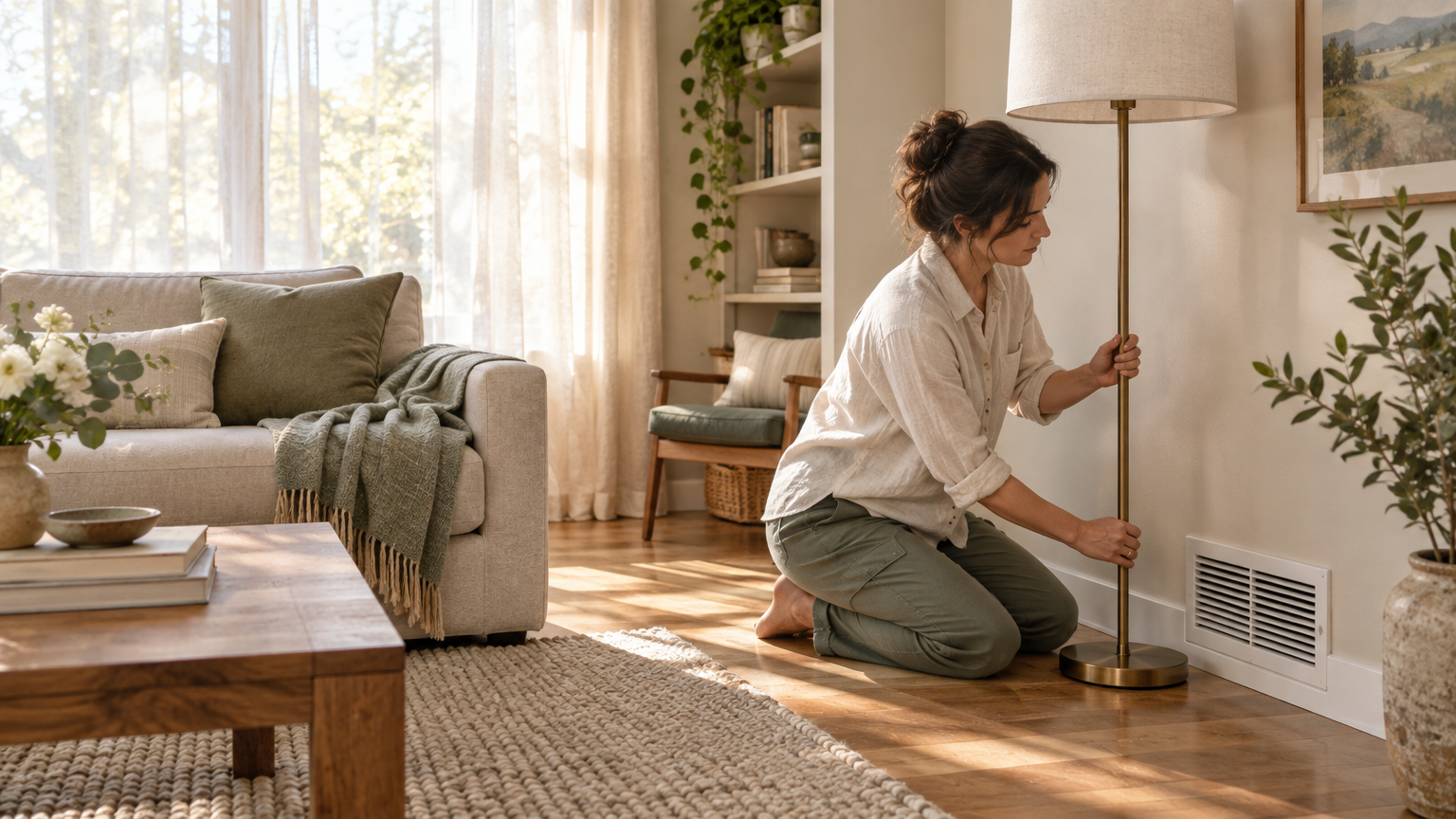 Woman adjusting brass floor lamp in cozy living room with natural light and green accents
