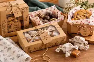 Gift boxes of homemade cookies and candies on a wooden table with decorative packaging