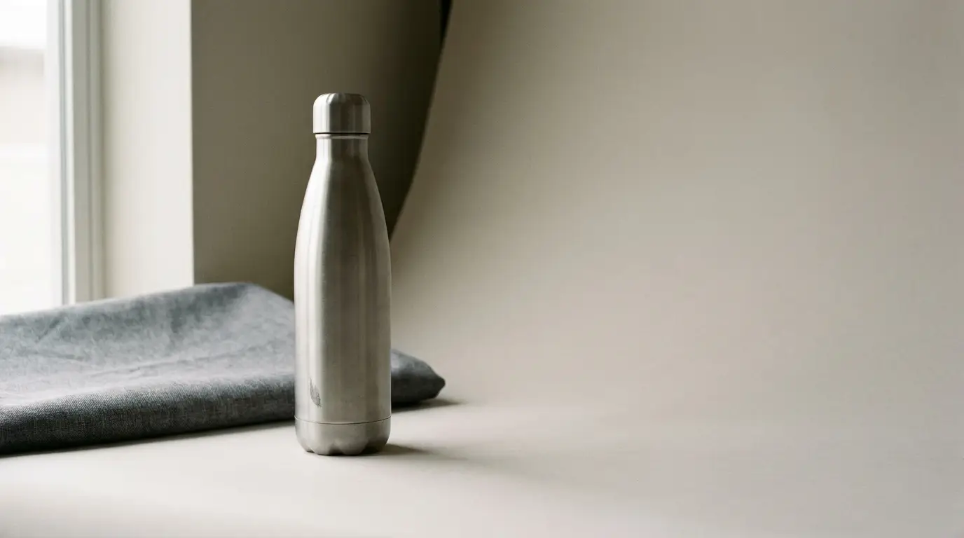 Stainless steel water bottle on a light surface with gray fabric in a minimal setting