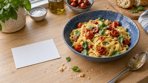 Fresh pasta with roasted tomatoes and basil in blue bowl on wooden table