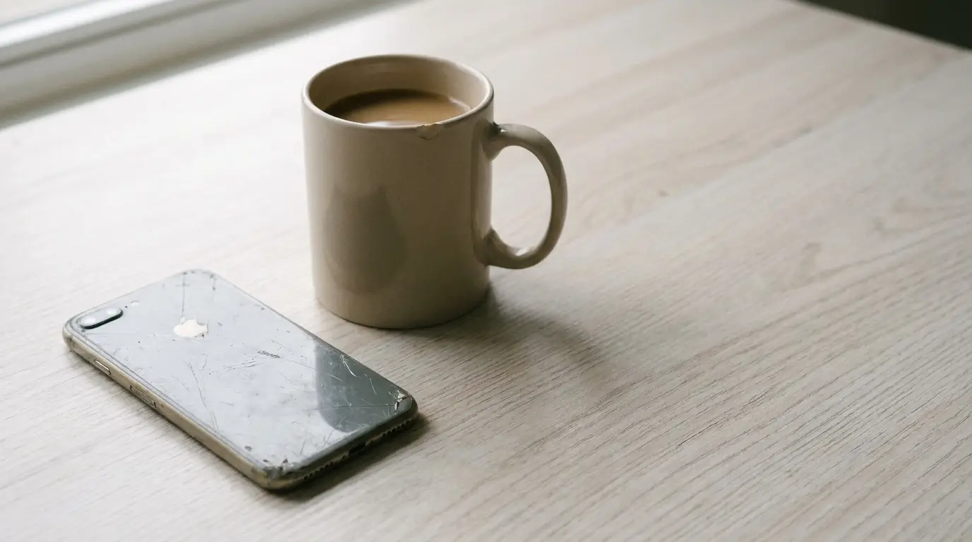 Face down smartphone on a wooden desk next to a chipped ceramic coffee mug in soft window light