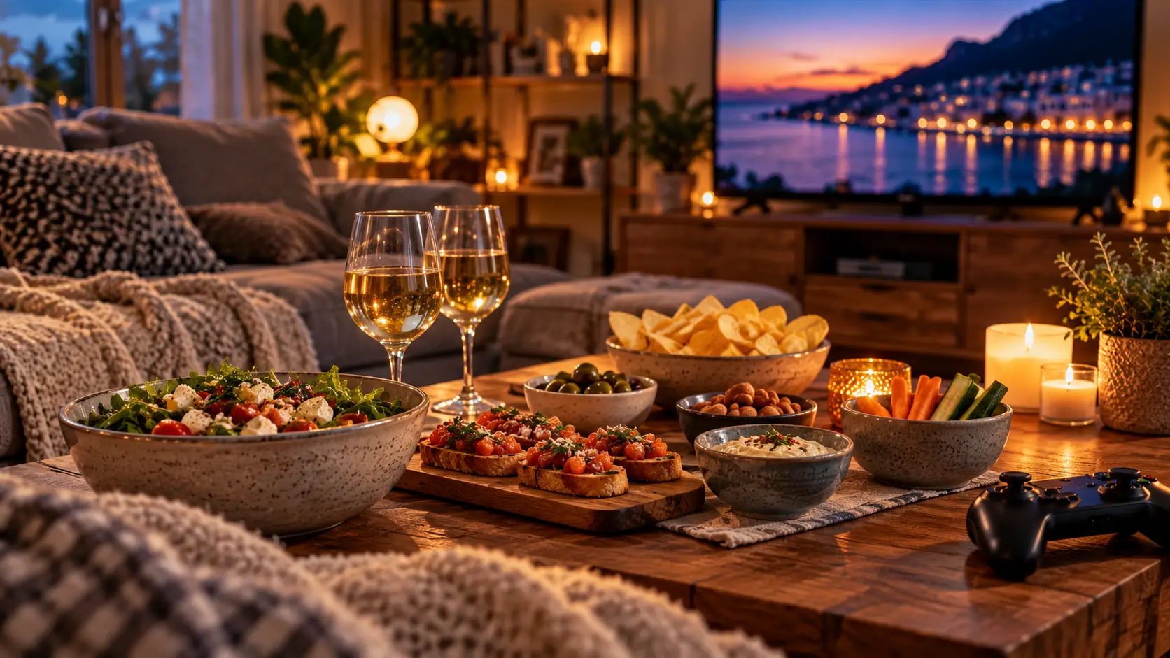 Cozy living room with snacks and drinks on wooden coffee table, candles lit, and TV on in background
