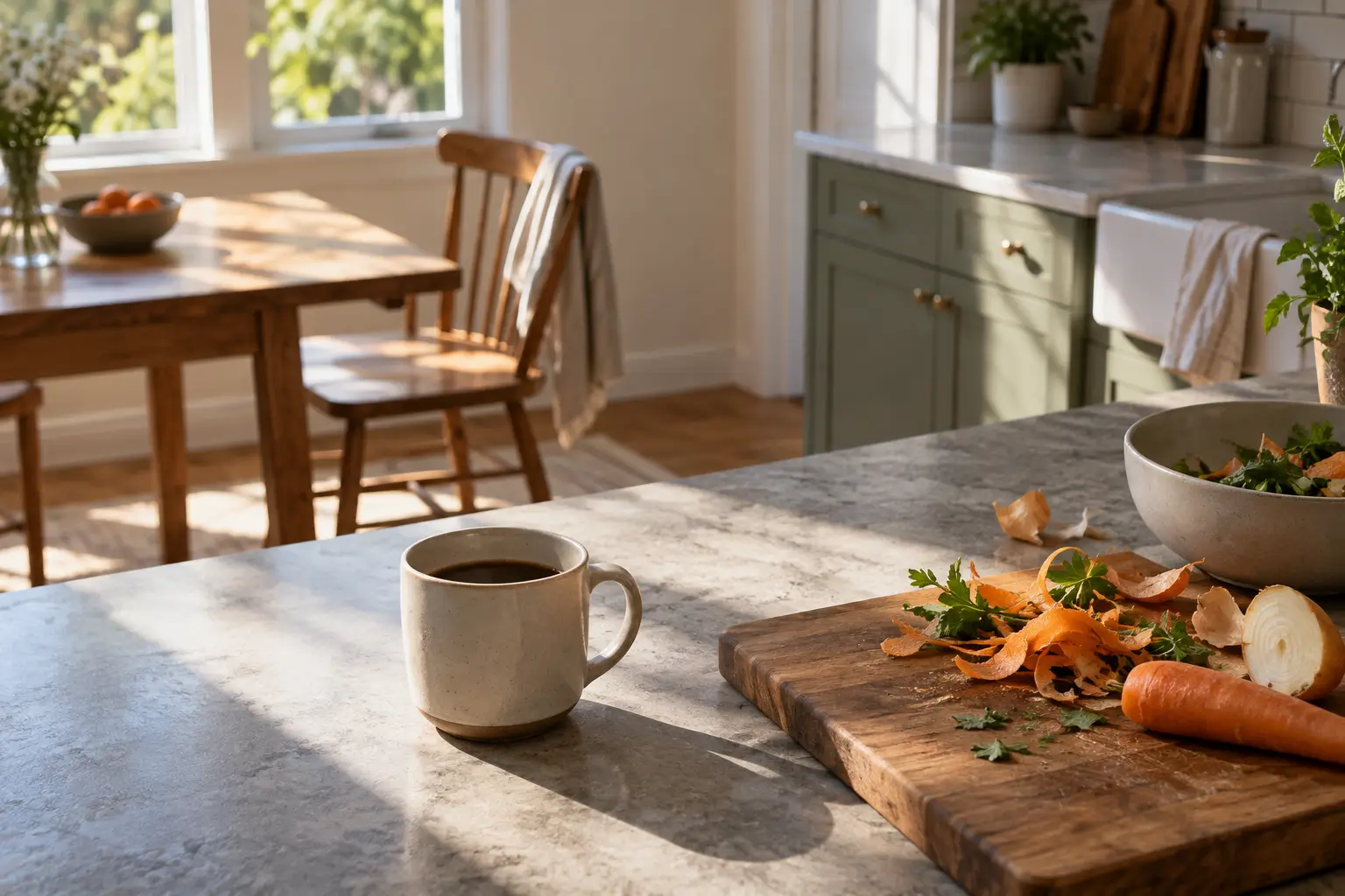 Coffee mug on stone countertop beside wooden cutting board with vegetables in sunlit kitchen