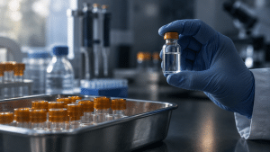 Gloved hand holding glass vial in laboratory setting with trays of sealed vials nearby