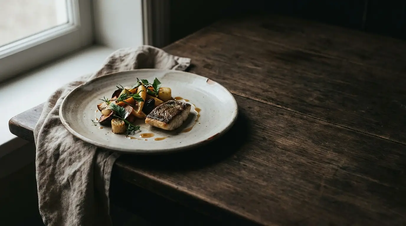 Grilled fish and roasted potatoes on ceramic plate with fresh herbs in rustic dining setting