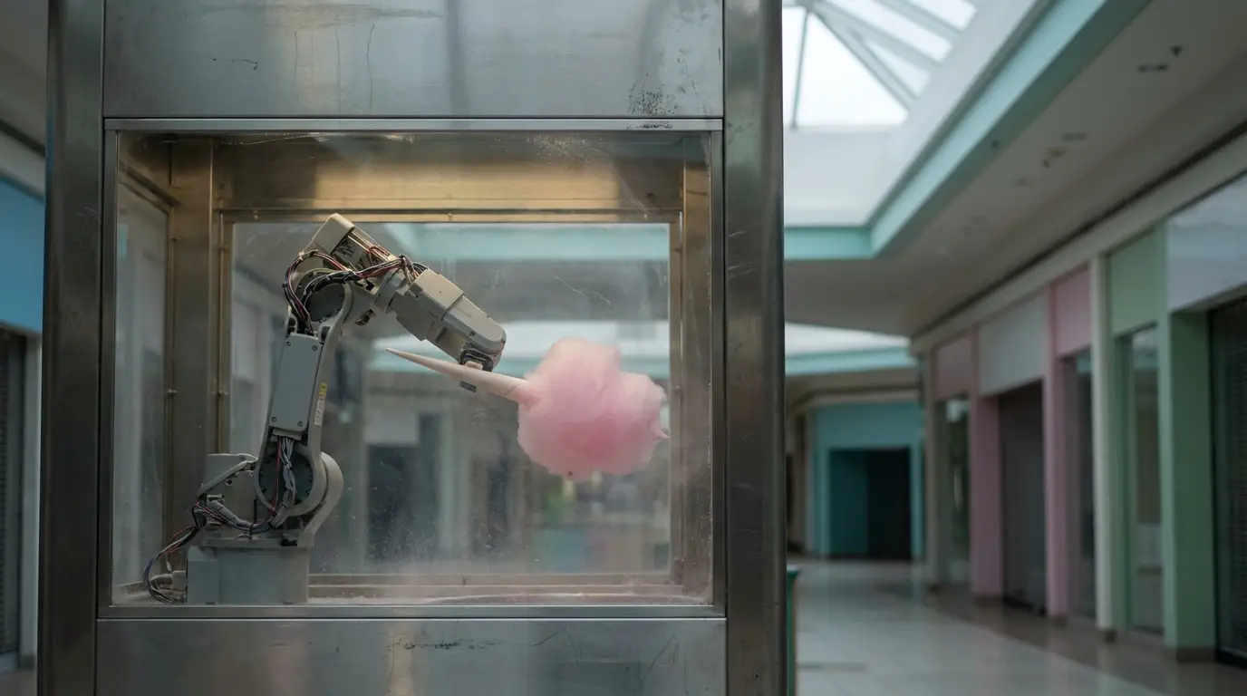 Robotic arm making pink cotton candy in an empty mall setting
