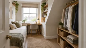 Cozy home office with wooden desk, beige chair, and green plants by a window