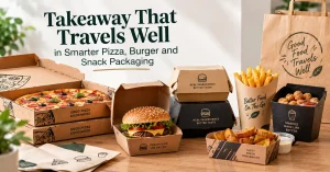 Assorted takeaway food including pizza, burger, fries, and chicken bites in branded packaging on wooden table