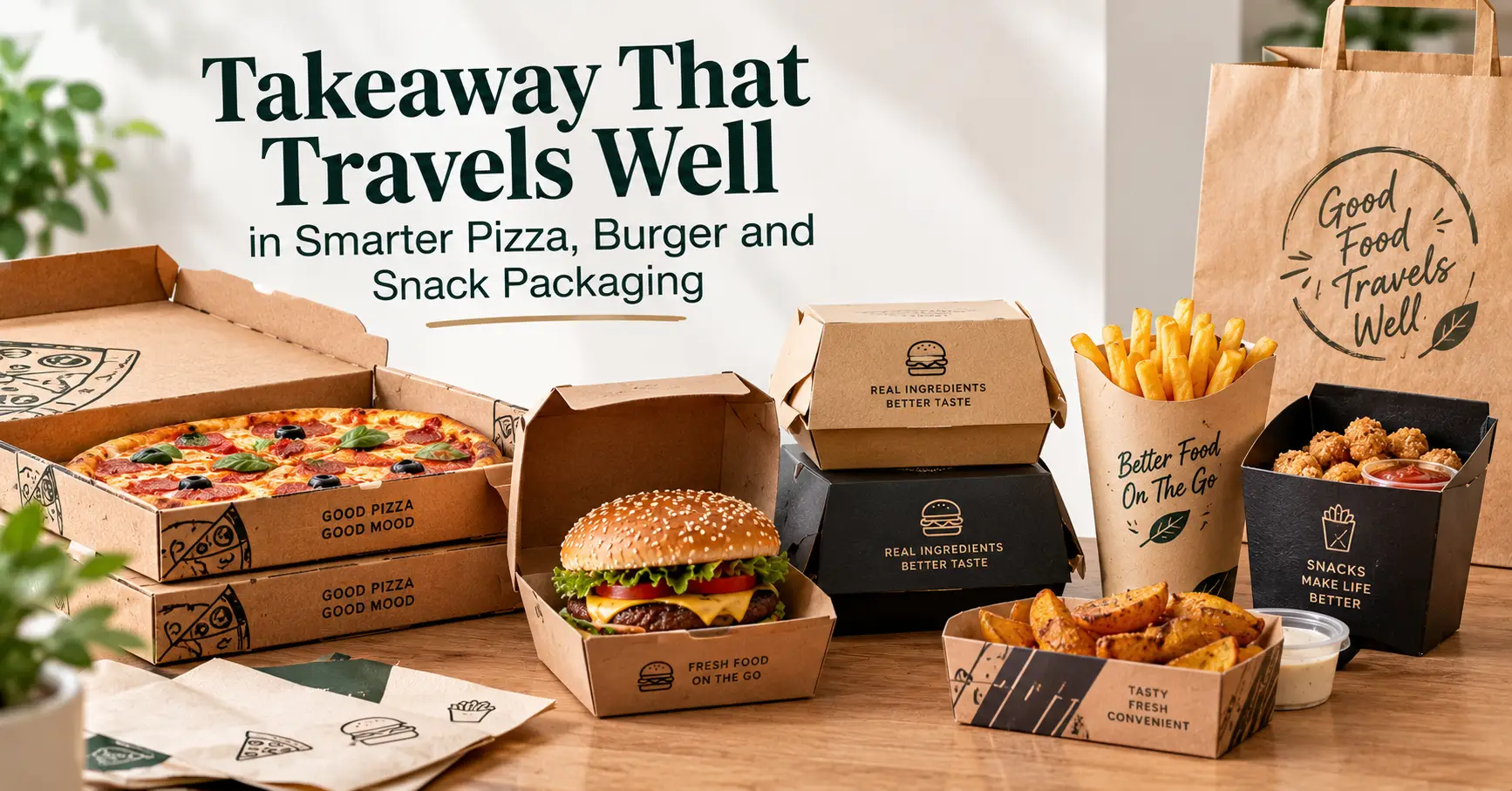 Assorted takeaway food including pizza, burger, fries, and chicken bites in branded packaging on wooden table