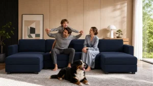 Family playing on navy sectional sofa with dog in modern living room
