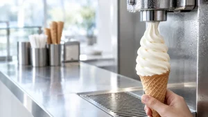 Soft serve ice cream being dispensed into cone in a bright ice cream shop