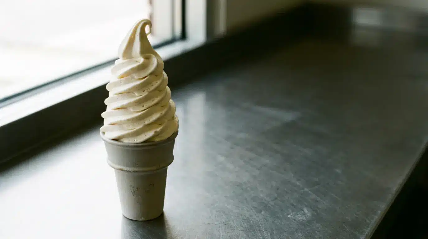 Soft serve ice cream cone on stainless steel counter near window